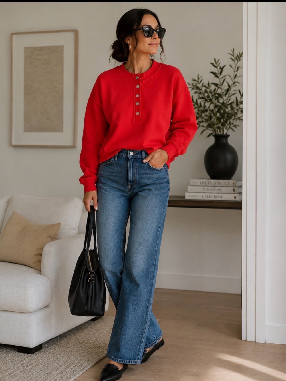 Evereve Andi Henley Neck Sweatshirt Size Small Quarter Snap Red Orange